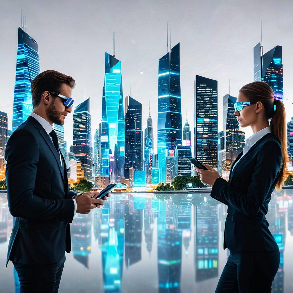 A futuristic city skyline with sleek, modern skyscrapers, some of which have holographic financial data displays. In the foreground, a diverse group of people using advanced digital devices like augmented reality glasses and smartphones showing Shapcash app interfaces. Include glowing cybernetic elements integrated into everyday objects, highlighting the seamless blend of technology and finance. Super-realistic. Vibrant colors. White background.