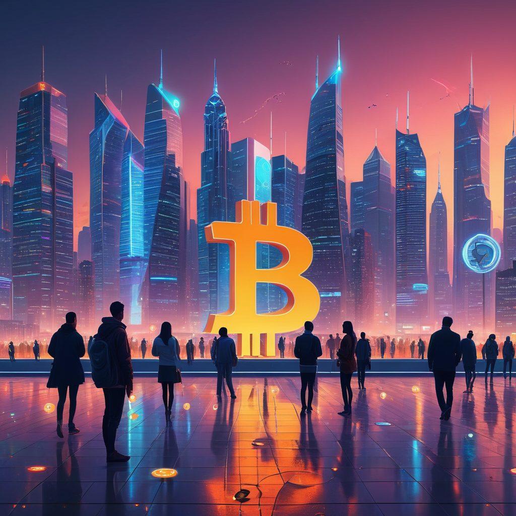 A futuristic cityscape at dusk featuring sleek skyscrapers, with digital currency symbols like bitcoin and dollar signs swirling around in neon lights, and a prominent, glowing 'Shapcash' logo. The background has a subtle grid pattern to represent digital networks. Portraits of diverse people using their smartphones and digital devices thoughtfully integrated. super-realistic. vibrant colors. white background.